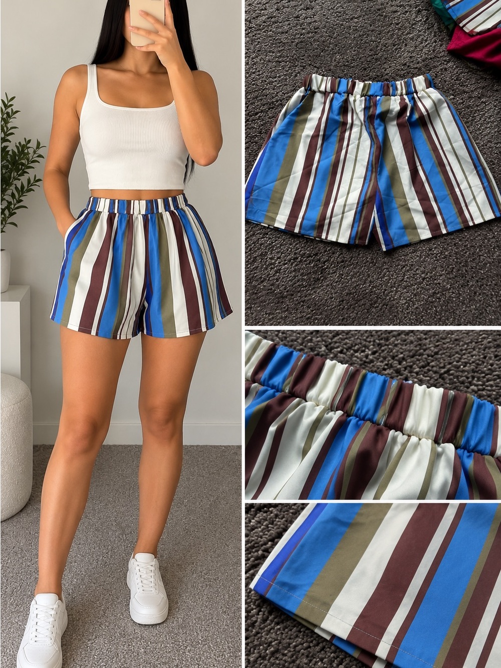 Striped Elastic Waist Women’s Shorts - Blue Multi